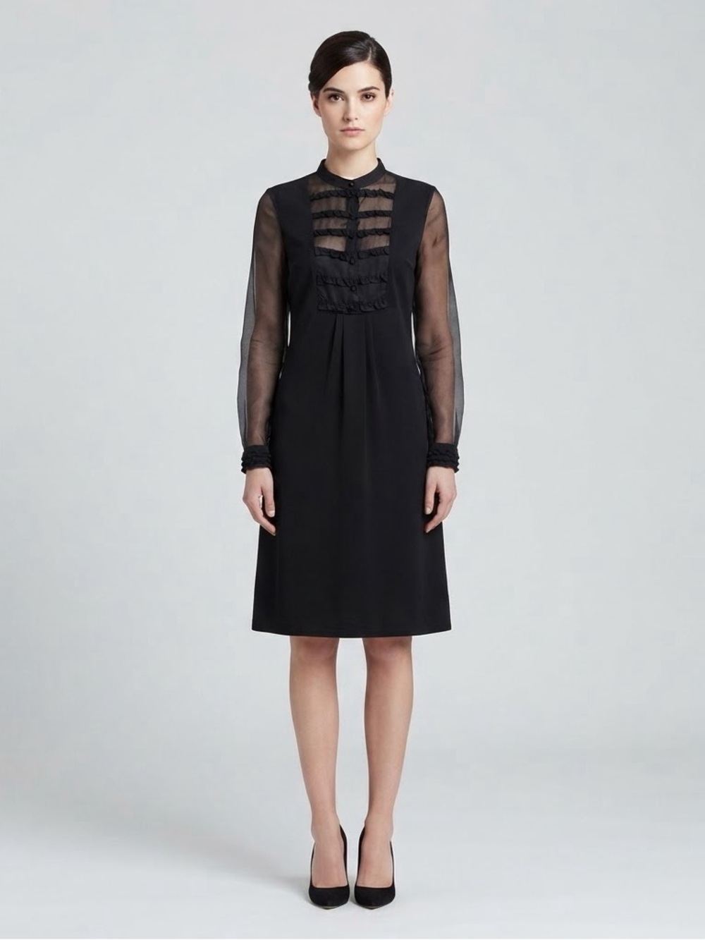 Anne Fontaine Noelise Black Ruffle Bib Long-Sleeve Shirt Dress Size FR 44  Goth